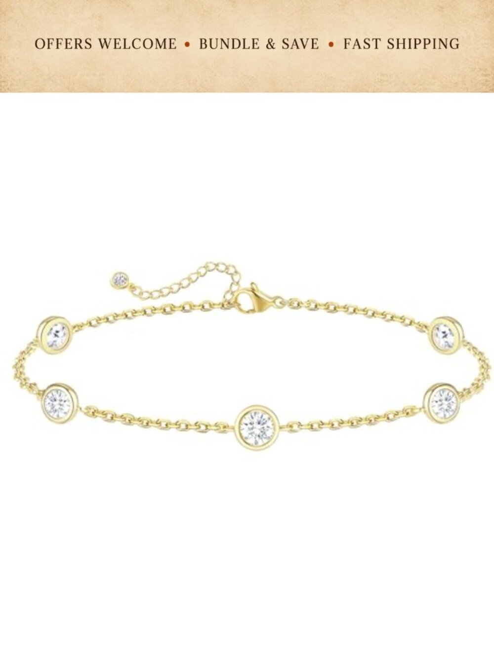Dainty Clover Charm Bracelet 14K Gold Plated CZ Adjustable Women's Jewelry